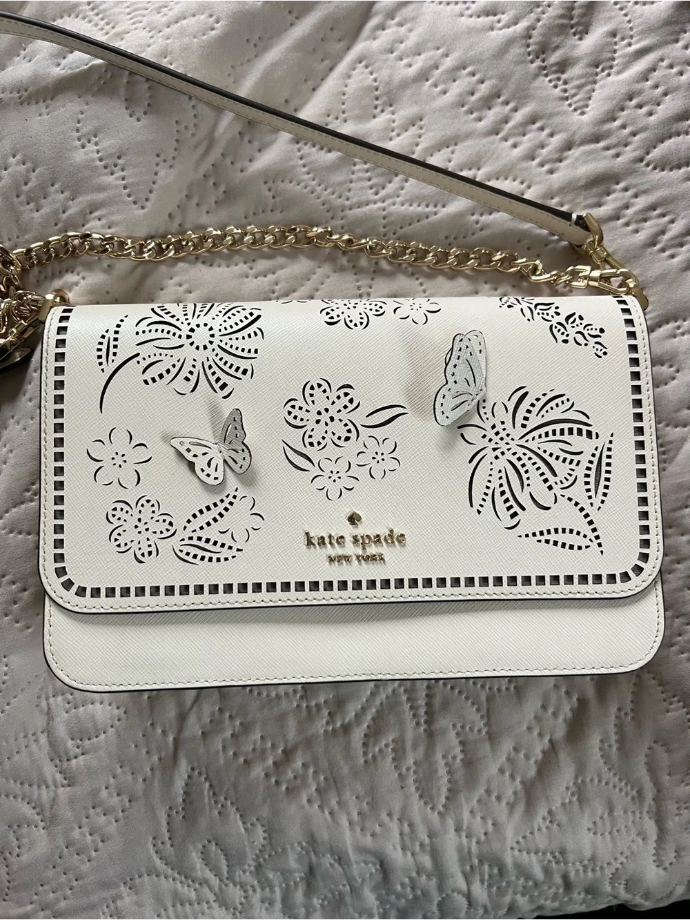 kate spade White Laser-Cut Floral & Butterfly Crossbody with Gold Chain
